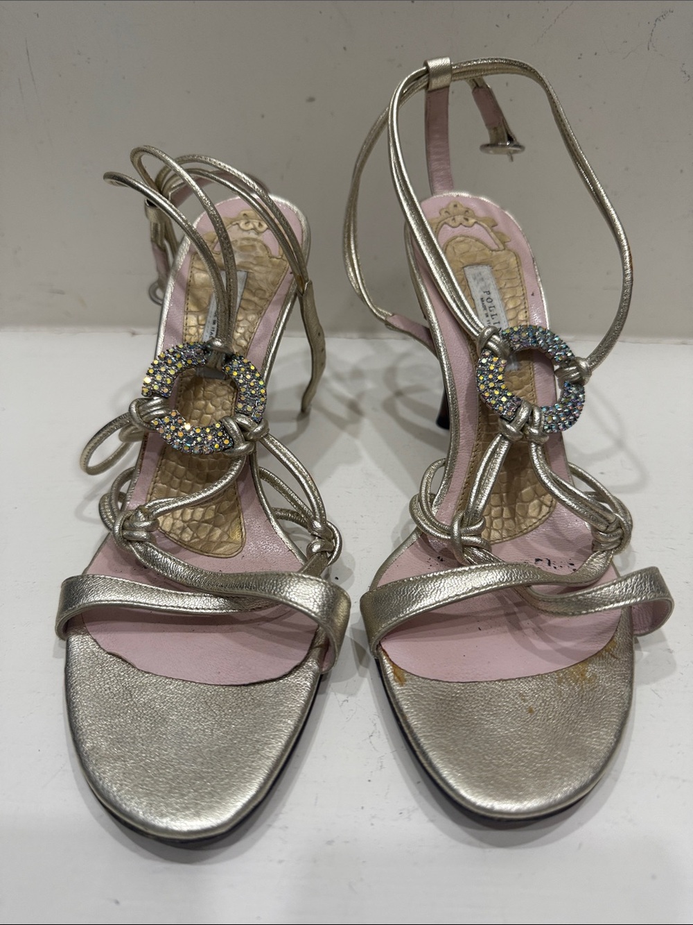 Pollini Women’s Metallic champagne Strappy Heeled Sandals with Crystal Ring